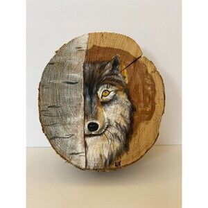 Hand Painted Original Animal Art Wolf on Wood Slice 6" x 7" Cabin Core Kitsch